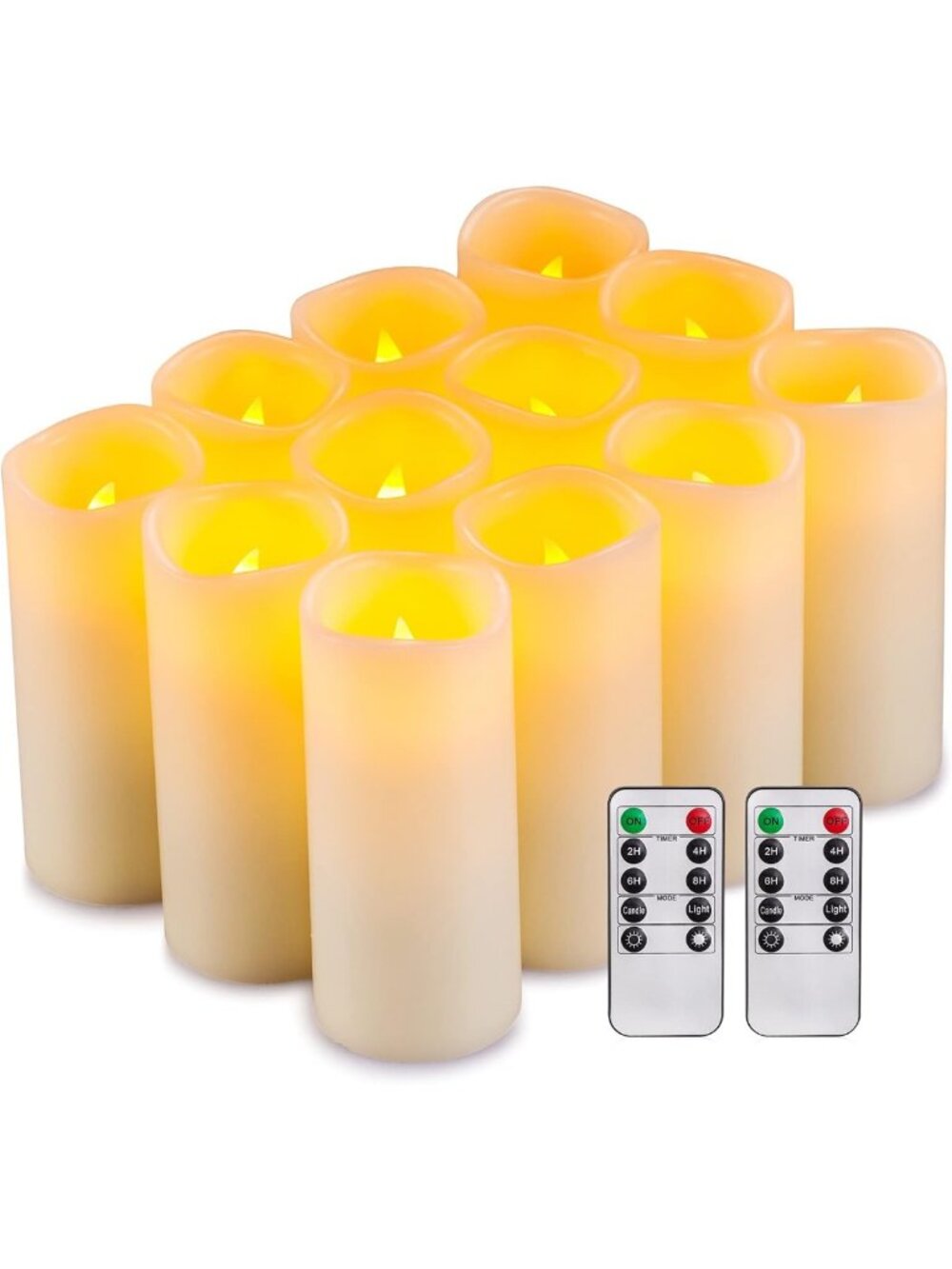 Set of 12 Flameless LED Candles - Ivory Real Wax, Remote & Timer, Flickering